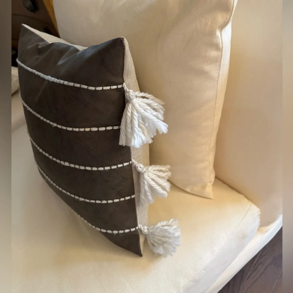 VILLA by CLASSIC HOME Vegan Leather Fringe Pillow Duck Feather Insert 18x18